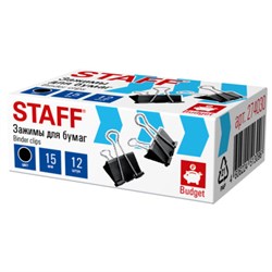 Зажимы для бумаг STAFF ECO, КОМПЛЕКТ 12 шт., 15 мм, на 45 листов, черные, картонная коробка, 274030 - фото 17345556