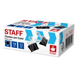 Зажимы для бумаг STAFF ECO, КОМПЛЕКТ 12 шт., 19 мм, на 60 листов, черные, картонная коробка, 274031 - фото 17345557