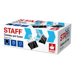 Зажимы для бумаг STAFF ECO, КОМПЛЕКТ 12 шт., 25 мм, на 100 листов, черные, картонная коробка, 274032 - фото 17345558