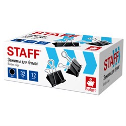 Зажимы для бумаг STAFF ECO, КОМПЛЕКТ 12 шт., 32 мм, на 140 листов, черные, картонная коробка, 274033 - фото 17345559
