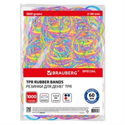 Резинки банковские TPR универсальные, диаметр 60 мм, 1000 г, ЯРКИЕ ЦВЕТА, BRAUBERG SPECIAL, 440194 - фото 17347437