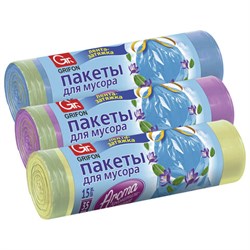Мешки для мусора с завязками "Арома", 35 л в рулоне, 15 шт., ассорти, ПНД, 53х56 см, 9 мкм, GRIFON, 101-084 - фото 17349369