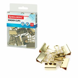 Зажимы для бумаг BRAUBERG EXTRA, КОМПЛЕКТ 12 шт., 32 мм, на 140 л., золотистые, европодвес, 229587 - фото 17458380
