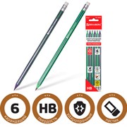 Карандаши чернографитные BRAUBERG НАБОР 6 шт., "Jet", НВ, с резинкой, пластиковые, корпус ассорти, заточенные, 180632