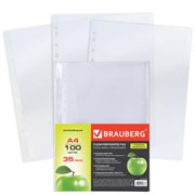 Папки-файлы перфорированные А4 BRAUBERG "PREMIUM", комплект 100 шт., гладкие, "Яблоко", 35 мкм, 221710