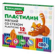 Пластилин мягкий восковой BRAUBERG KIDS, 12 цветов, 180 г, со стеком, 106495