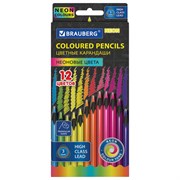 Карандаши цветные BRAUBERG NEON, 12 неоновых цветов, трехгранные, грифель 3 мм, черное дерево, 181852
