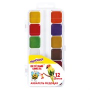 Краски акварельные ЮНЛАНДИЯ "ВЕСЁЛЫЙ ШМЕЛЬ", медовые, 12 цветов, квадратные кюветы, пластик, 192362