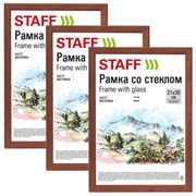 Рамка 21х30 см, небьющаяся, КОМПЛЕКТ 3 штуки, багет 16 мм, дерево, STAFF "Sonata", цвет орех, 391387