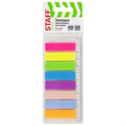 Закладки клейкие неоновые STAFF, 45х12 мм, 200 штук (8 цветов х 25 листов), на пластиковой линейке 12 см, 129356