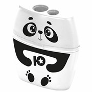 Точилка с контейнером для простых и утолщенных карандашей ЮНЛАНДИЯ "ПАНДА", 2 отверстия, 272507