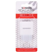 Зарядное устройство быстрое сетевое (220 В) SONNEN, Type-C PD 20 Вт, 3 A, белое, 455507