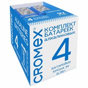 Батарейки алкалиновые КОМПЛЕКТ 4 шт., CROMEX (КРОМЕКС) Alkaline, Крона 9V (6LR61, 6LF22, 1604A), короб, 456453