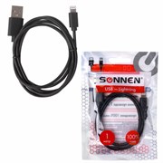 Кабель USB 2.0 – Lightning, 1 м, SONNEN, медь, для передачи данных и зарядки, черный, 513116