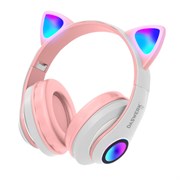 Наушники беспроводные игровые накладные, с ушками, светящиеся, розовые DASWERK (ДАСВЕРК) STN-28, 513802