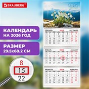 Календарь квартальный на 2026 г., 3 блока, 3 гребня, бегунок, офсет, BRAUBERG, "Подснежники", 116778