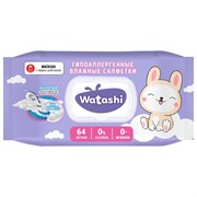 Салфетки влажные детские 64 шт., WATASHI, без спирта, 0+, с пластиковым клапаном, 12587