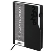 Ежедневник датированный 2026, А5, 150x213 мм, BRAUBERG "Up", под кожу, софт-тач, держатель для ручки, черный, 117116