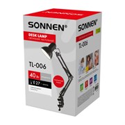 Настольная лампа-светильник SONNEN TL-006, струбцина, 40 Вт, Е27, черный, высота 50 см, 237648
