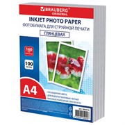 Фотобумага глянцевая, А4, 160 г/м2, односторонняя, 100 листов, ПАКЕТ, BRAUBERG ORIGINAL, 364415