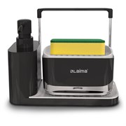 Диспенсер/дозатор DUET+ для мыла и моющего средства + губка, с держателем для тряпки, ЧЕРНЫЙ, 11х22х12 см, LAIMA HOME, 700046