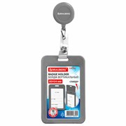 Бейдж вертикальный (85х54 мм), с рулеткой 70 см с клипом, СЛАЙДЕР, серый, BRAUBERG EXTRA, 238846