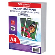 Фотобумага матовая, А4, 180 г/м2, односторонняя, 100 листов, ПАКЕТ, BRAUBERG ORIGINAL, 364430