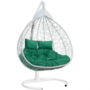 Подвесное двухместное кресло-кокон Лаура FISHT белое + белый каркас, подушка зеленая FIS