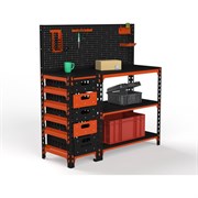 Стол-верстак ООО Металекс c одной тумбой, 950x1400x600 мм + перфопанель с комплектом аксессуаров оранжево-чёрный