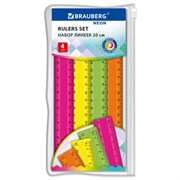 Линейки пластиковые 20 см, неоновые, BRAUBERG, НАБОР 4 штуки, пенал, 210904