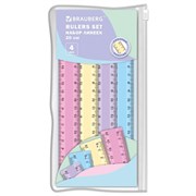Линейки пластиковые 20 см, пастельные, BRAUBERG, НАБОР 4 штуки, пенал, 210905